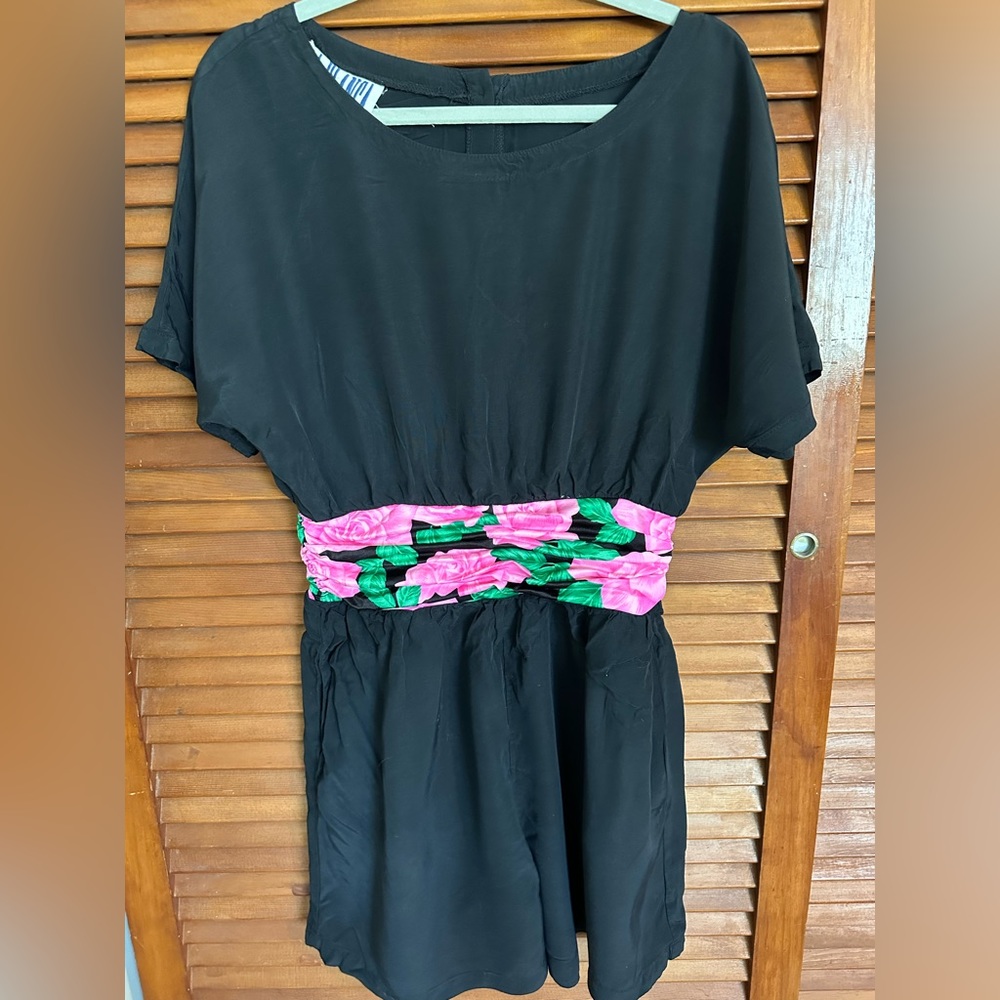 Vintage 90s La Blanca Romper Black with Pink Rose Elastic Waist size L
